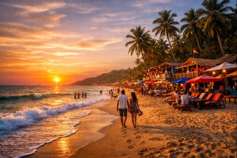 Goa Beach Package – Tourists enjoying a beautiful sunset at a lively Goa beach with palm trees, beach shacks, golden sand, and stunning Arabian Sea views.